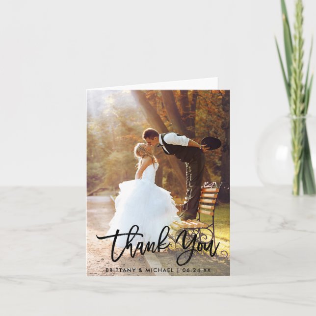 Carte Brush Script Modern Mariage Photo Merci Note (Devant)
