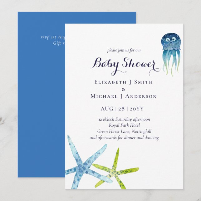 Carte BUDGET Baby shower Vie marine Épée de la mer (Devant / Derrière)