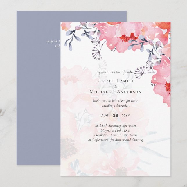 Carte Budget Blush rose Floral Dusty Blue Mariage (Devant / Derrière)