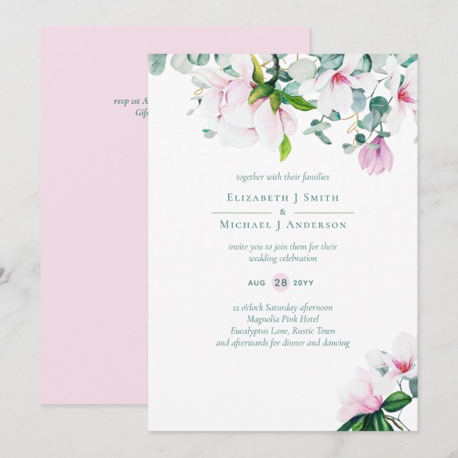 Carte BUDGET Blush rose Magnolias Sage Eucalyptus mer (Devant / Derrière)