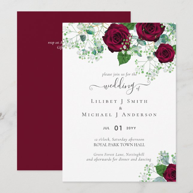 Carte BUDGET Bourgogne Rouge Roses Gypsophila MARIAGE (Devant / Derrière)
