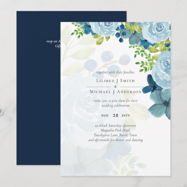 Carte Budget Dusty Blue Flowers Sage Mariage (Devant / Derrière)