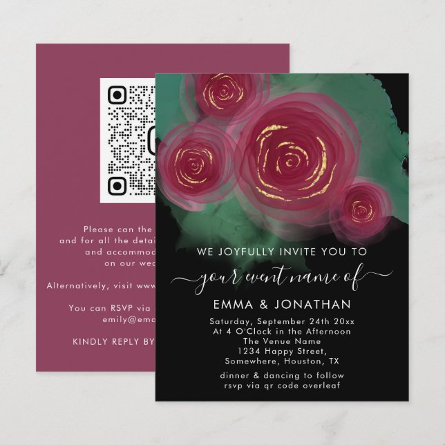 Carte Budget Floral QR Code Rose Bourgogne Marsala (Devant / Derrière)