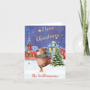 Carte Budget Joyeux Ours Aime Noël Arbre à Neige
