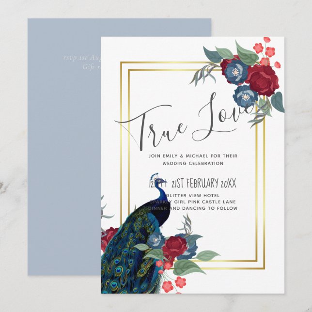 Carte BUDGET  Mariage d'hiver ou d'automne Burgundy Bleu (Devant / Derrière)