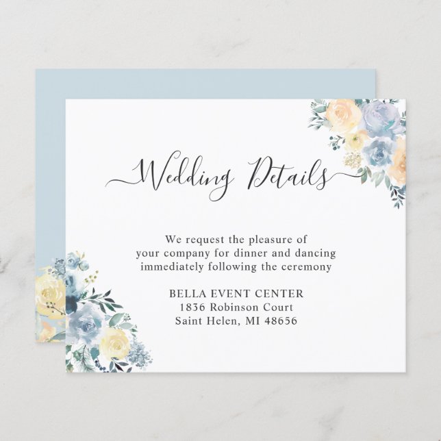 Carte Budget Pastel Blue Floral Mariage Détails (Devant / Derrière)
