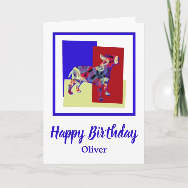 Carte Bull Terrier Anglais Chien Rouge Bleu Jaune Annive (Devant)