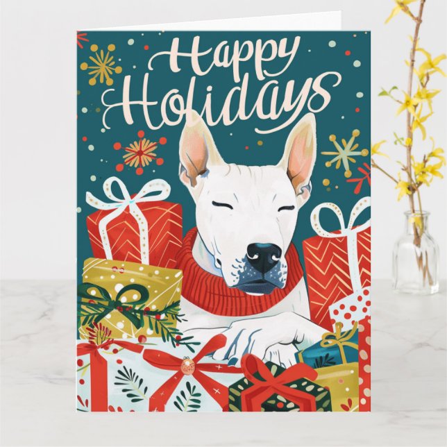 Carte Bull Terrier avec boîtes cadeaux Noël (Fleur jaune)