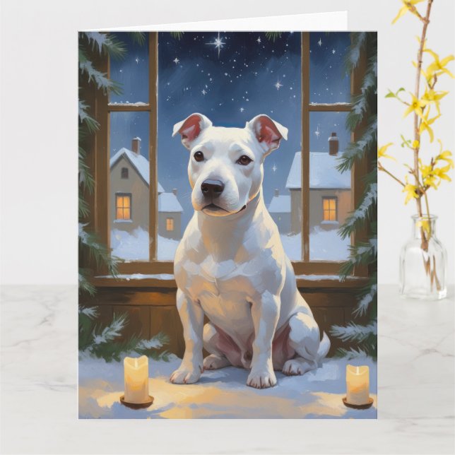 Carte Bull Terrier avec les illuminations de Noël (Fleur jaune)
