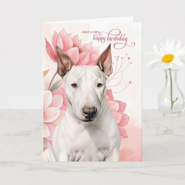 Carte Bull Terrier Dog Pink Botanical Flowers Birthday (Petite plante)