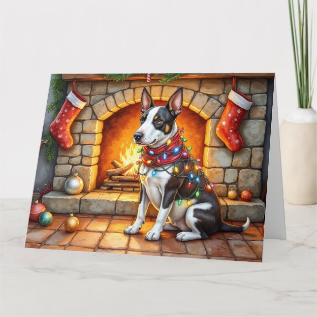 Carte Bull Terrier Fireplace with Christmas Lights (Devant)