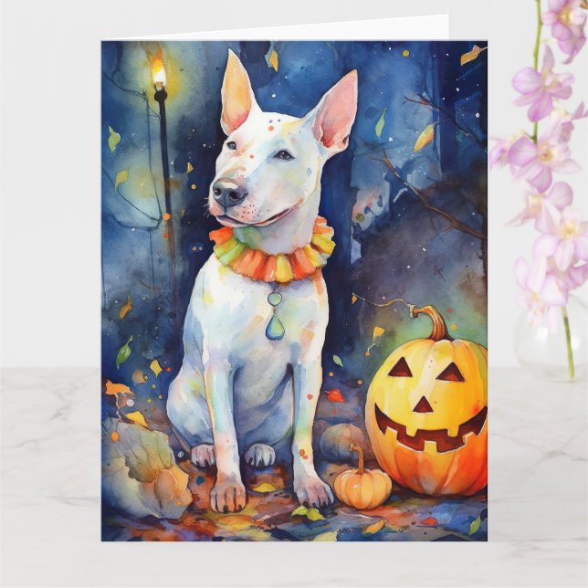 Carte Bull Terrier Halloween avec citrouilles effrayant  (Orchidée)