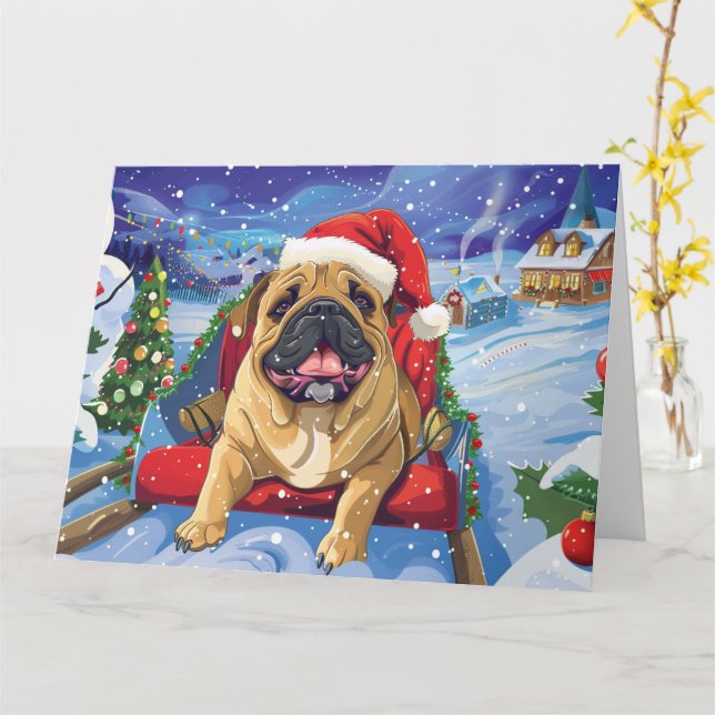 Carte Bullmastiff à Sleigh Snow Christmas (Fleur jaune)