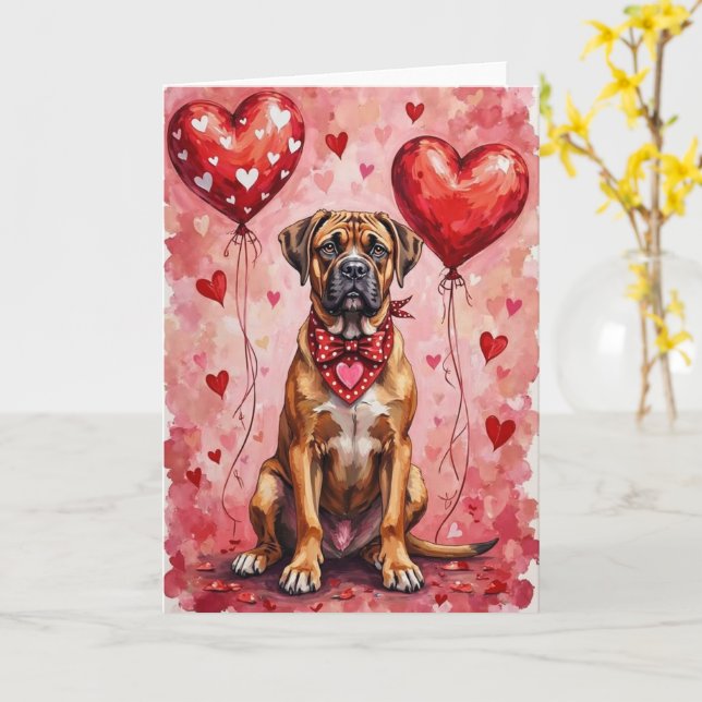 Carte Bullmastiff Valentine’s Day Dog with Hearts Red (Fleur jaune)