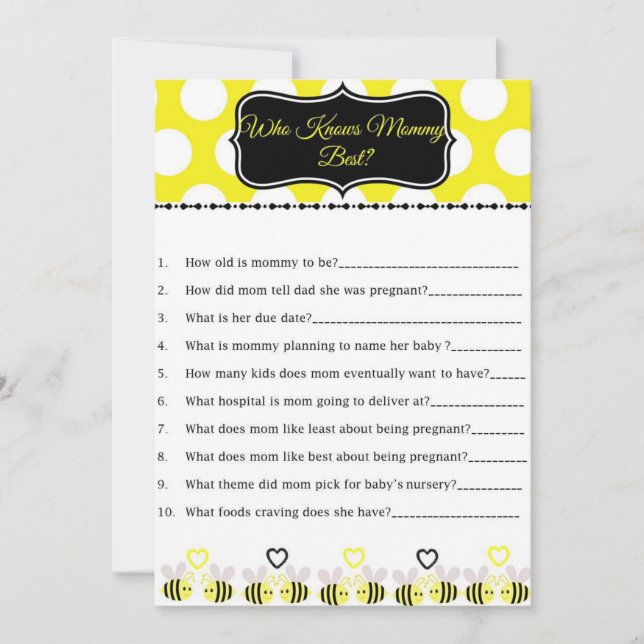 Carte Bumble Bee Baby shower Jeu Qui Connaît Maman Meill (Devant)