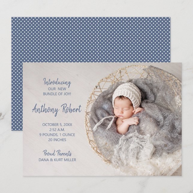 Carte Bundle of Joy Baby Boy Photo Annonces de naissance (Devant / Derrière)