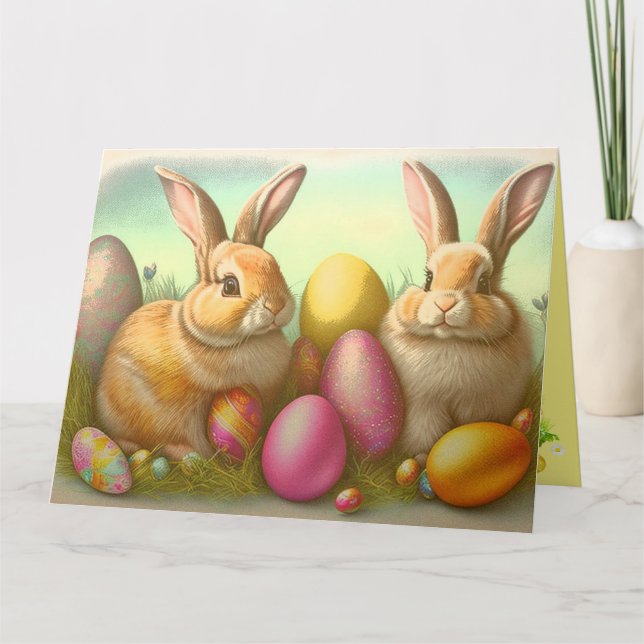 Carte Bunnies de Pâques sur la collection d'herbes (Devant)