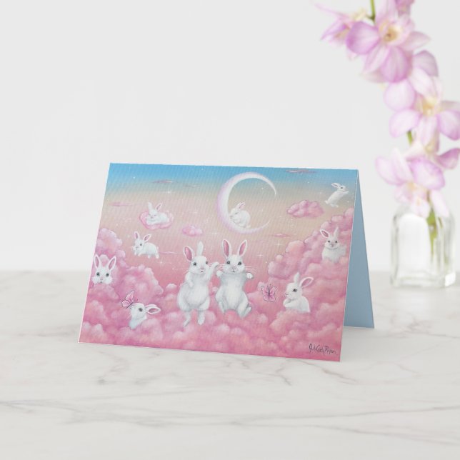 Carte Bunnies in Pink Clouds Whimsical Art (Orchidée)