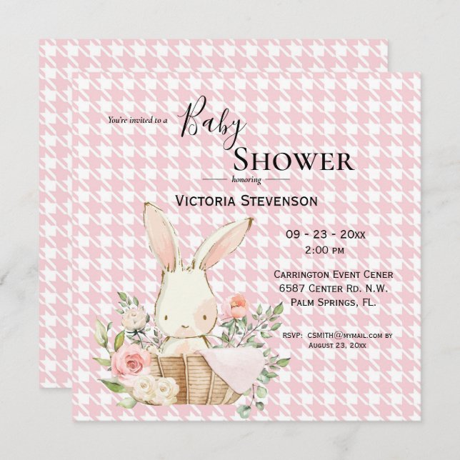 Carte Bunny Rabbit Aquarelle Houndstooth Baby shower (Devant / Derrière)