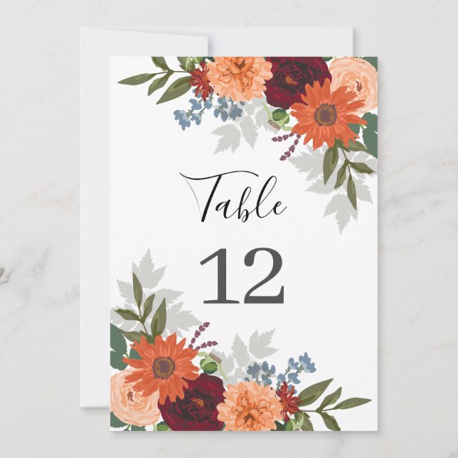 Carte Burgundy Fall Garden Floral Mariage Numéro de tabl (Dos)