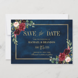 Carte Burgundy Floral Navy Blue Gold Frame Enregistrer l