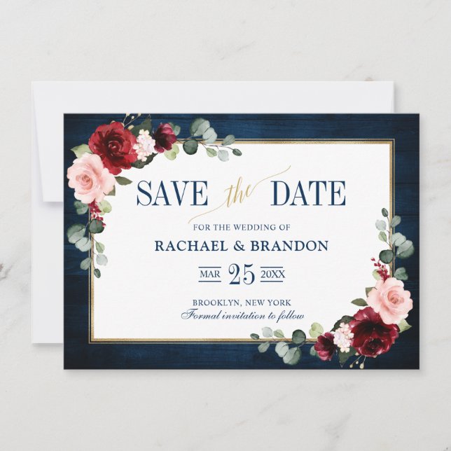 Carte Burgundy Floral Navy Blue Gold Frame Enregistrer l (Devant)