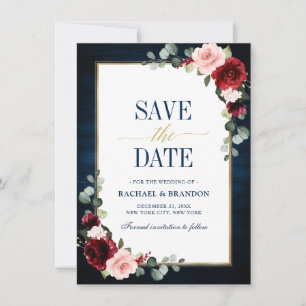 Carte Burgundy Floral Navy Blue Gold Frame Enregistrer l
