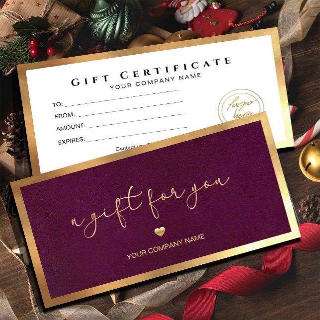 Carte Burgundy Gold Frame Ajouter Logo Certificat cadeau (Give the gift of choice in style! Our Burgundy Gold Frame Gift Card make every moment special)