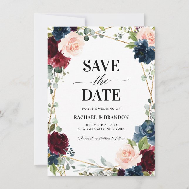 Carte Burgundy Navy Blush Floral Geometry enregistrer la (Devant)