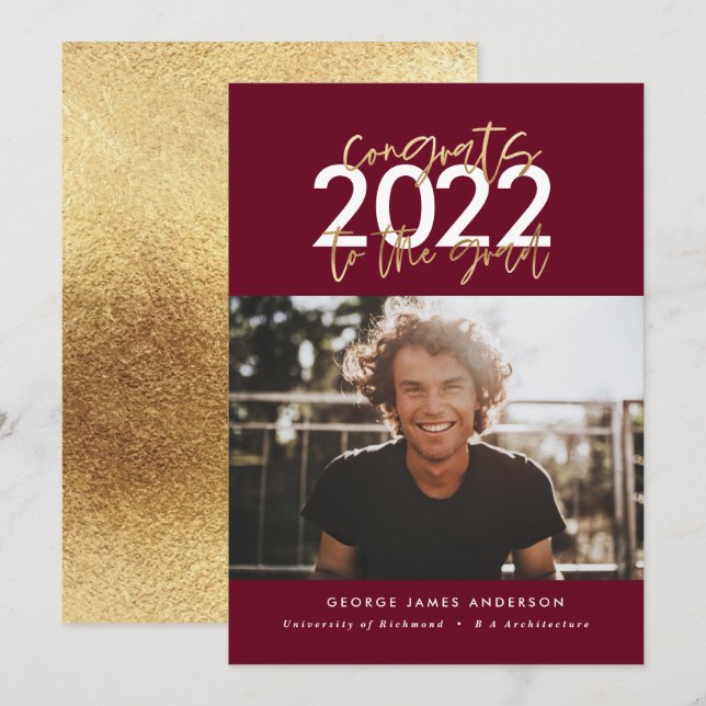 Carte burgundy or moderne script graduation photo (Devant / Derrière)