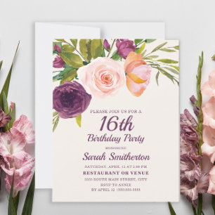 Carte Burgundy Purple Blush Pink Floral 16e Anniversaire