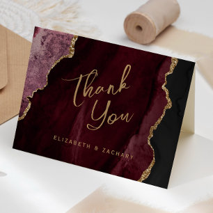 Carte Burgundy Red Gold Agate Script Mariage Merci