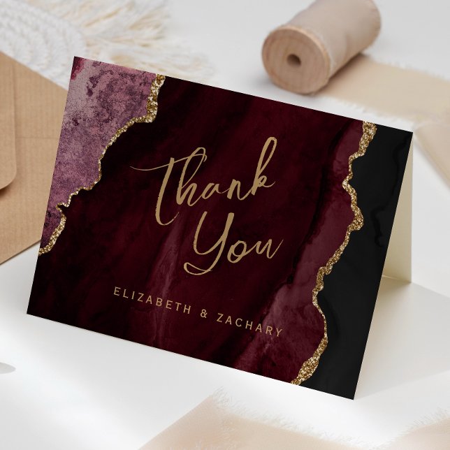 Carte Burgundy Red Gold Agate Script Mariage Merci (Créateur téléchargé)
