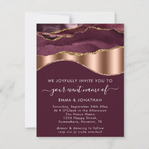 Carte Burgundy Rose Gold Bordure Vague QR Code Mariage