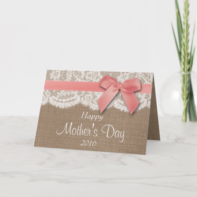 Carte Burlap, dentelle et poitrine rose Bonne fête des m (Devant)