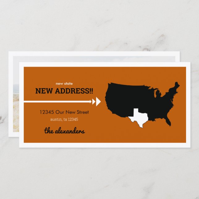 Carte Burnt Orange New State, New Address! Texas Moving (Devant / Derrière)