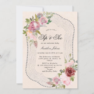 Carte buvette à fleurs rose bordeaux rustique et voir in