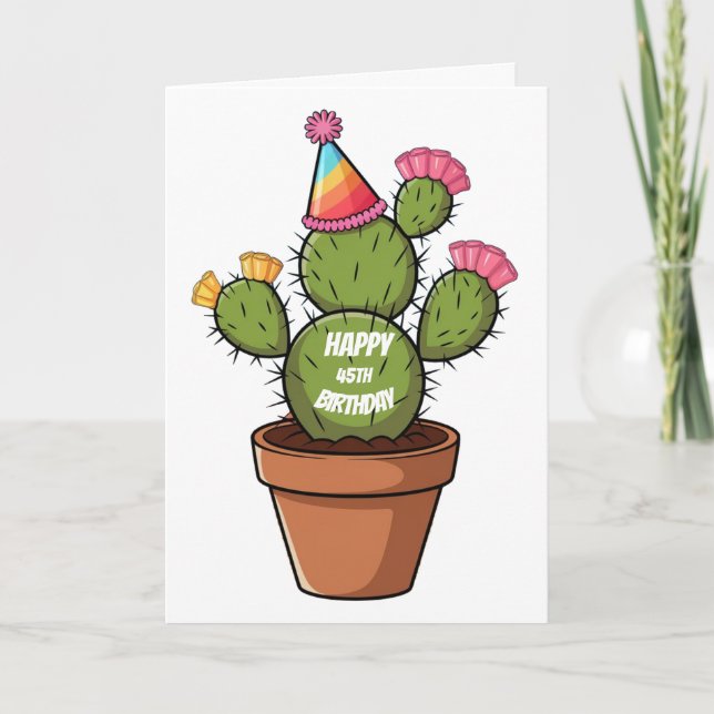 Carte cactus de poire en pot portant casquette d'anniver (Devant)