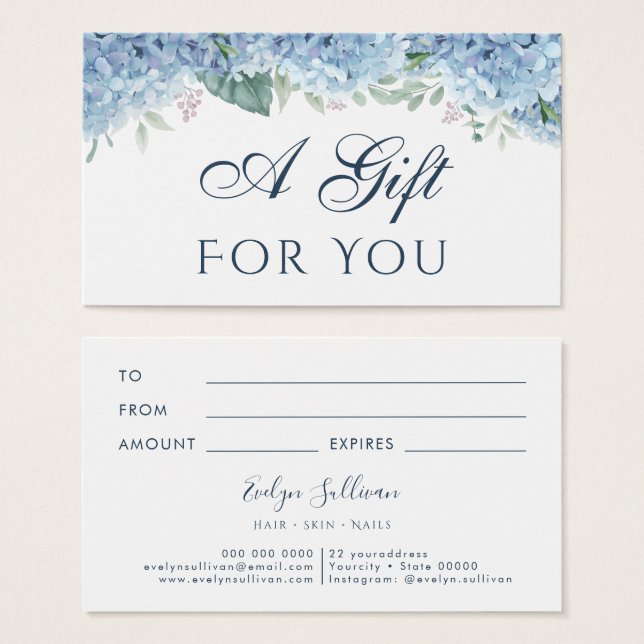 Carte cadeau Blue Hydrangea (Devant & derrière)