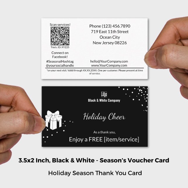 Carte cadeau cadeau cadeau Black & White (Black & White Holiday Cheer Free Gift Voucher Card; Size 3.5x2 Inch (US))
