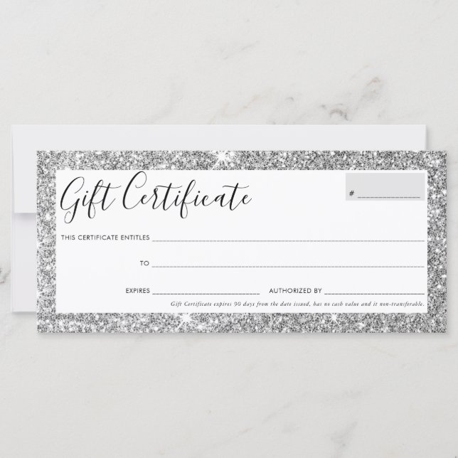 Carte CADEAU CERTIFICAT élégant glam argent parties scin (Devant)