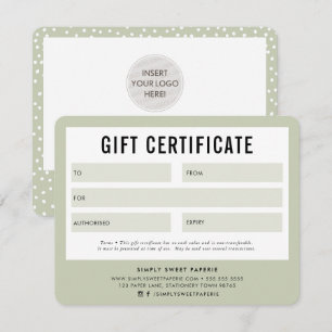 Carte CADEAU CERTIFICAT joli business pale sauge vert