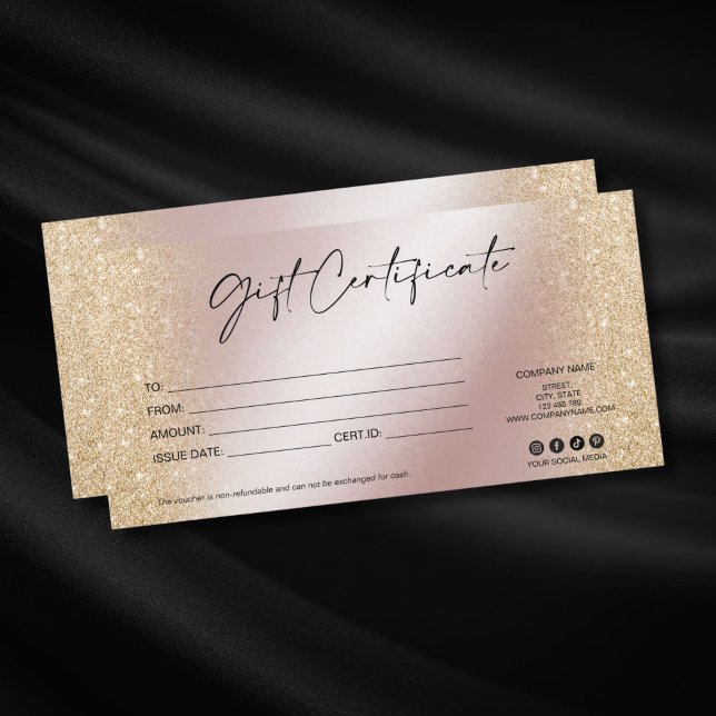 carte cadeau de luxe moderne certificat ajouter un (rose gold and gold glitter elegant gift voucher with modern typography)