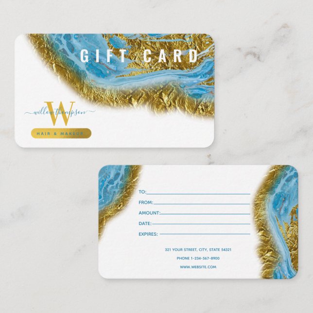 Carte cadeau de maquillage en marbre bleu Aquarell (Devant / Derrière)