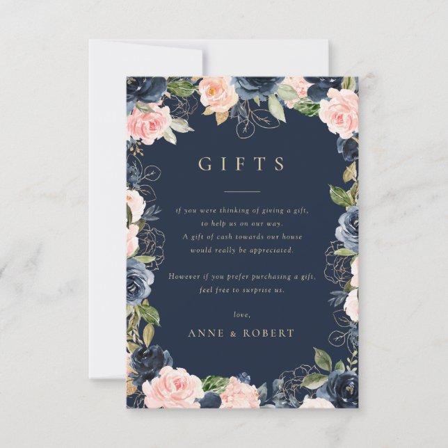 carte cadeau de mariage floral roux et marine (Devant)