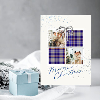 Carte cadeau de Noël 2 photos Tartan bleu Arc arge