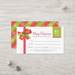 Carte cadeau de Noël ruban rouge vert 5 $