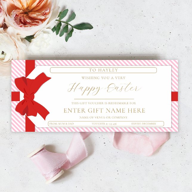 Carte cadeau de Pâques Bow Pink Stripe Happy (Créateur téléchargé)