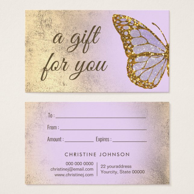 carte cadeau design papillon lavande (Devant & derrière)