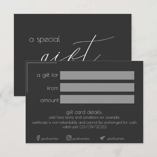 Carte cadeau minimaliste pour entreprise noire (Devant / Derrière)